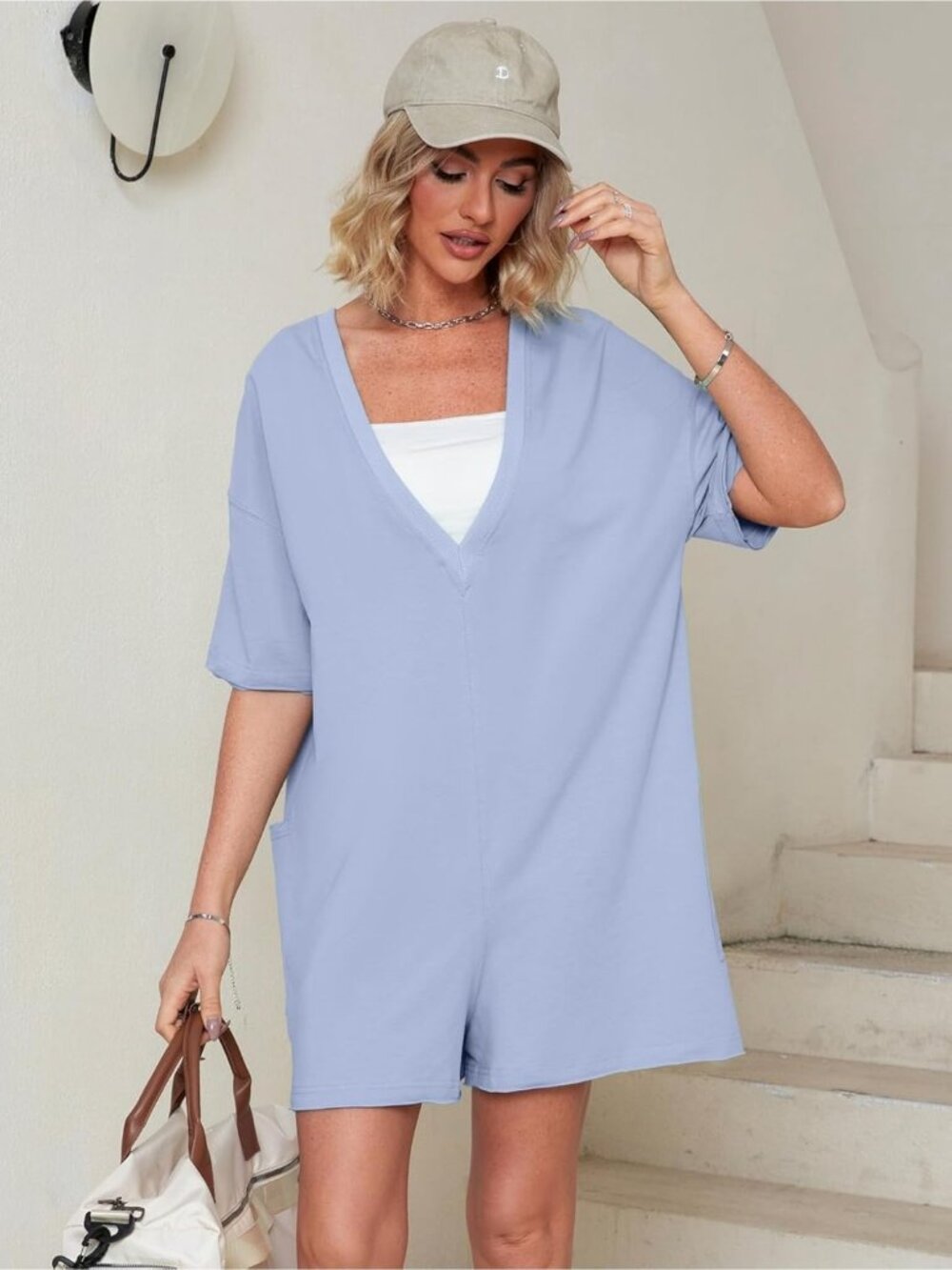 Women's Sky Blue Summer Casual Onesie Backless Loose Short Oversized Tee Romper - Picture 5 of 5